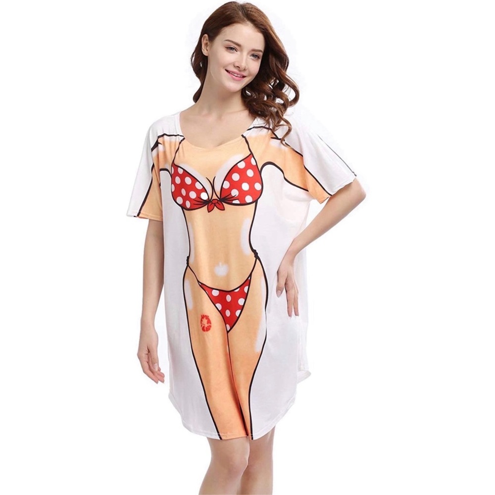 Novelty Female Bikini Body Funny Joke Gag Gift Beach Cover-Up Oversized T-Shirt